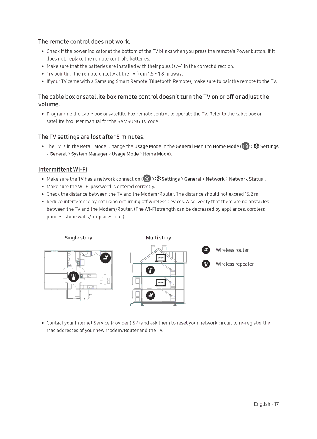 Samsung UA65NU8500KXXV, UA55NU8500KXXV manual Remote control does not work, Intermittent Wi-Fi 