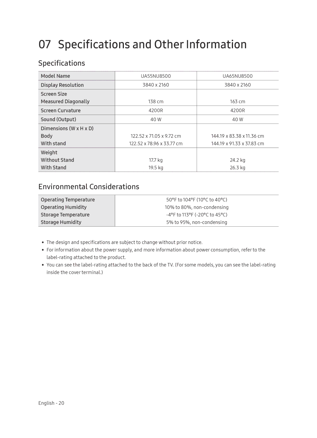 Samsung UA55NU8500KXXV, UA65NU8500KXXV manual Specifications and Other Information, Environmental Considerations 