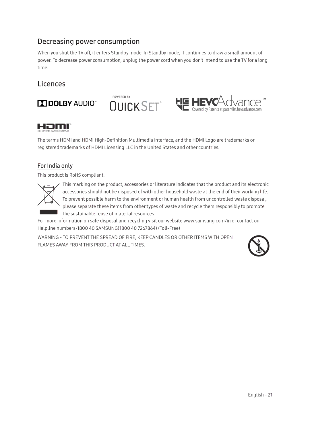Samsung UA65NU8500KXXV, UA55NU8500KXXV manual Decreasing power consumption, Licences, For India only 