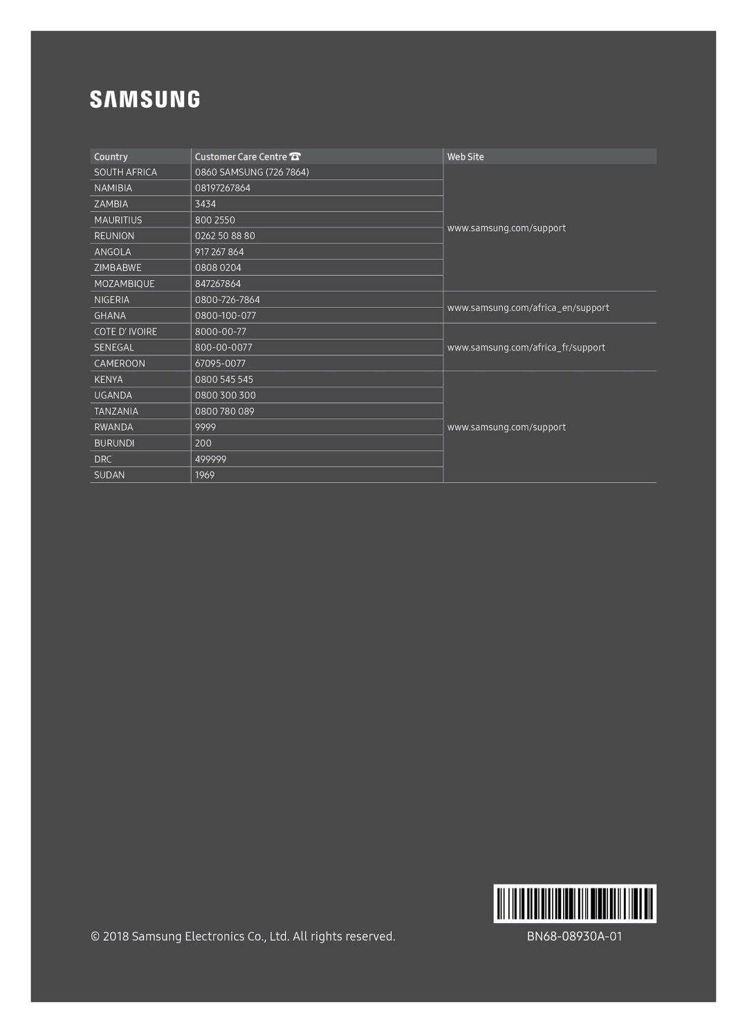 Samsung UA55NU8500KXXV, UA65NU8500KXXV manual South Africa 