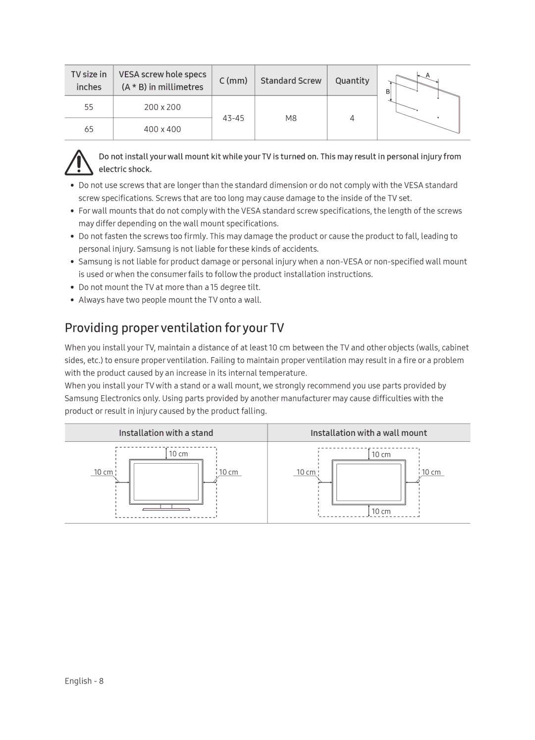 Samsung UA55NU8500KXXV, UA65NU8500KXXV manual Providing proper ventilation for your TV 