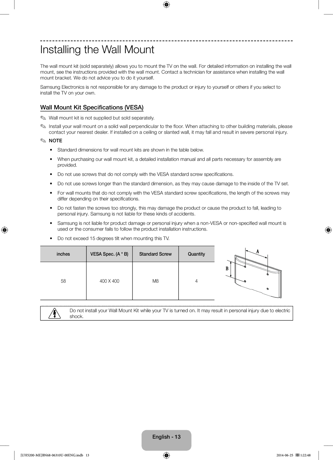 Samsung UA58H5200ARXZN, UA58H5200ARXUM manual Installing the Wall Mount, Wall Mount Kit Specifications Vesa 