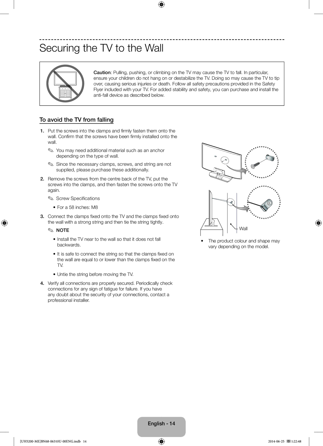 Samsung UA58H5200ARXUM, UA58H5200ARXZN manual Securing the TV to the Wall, To avoid the TV from falling 