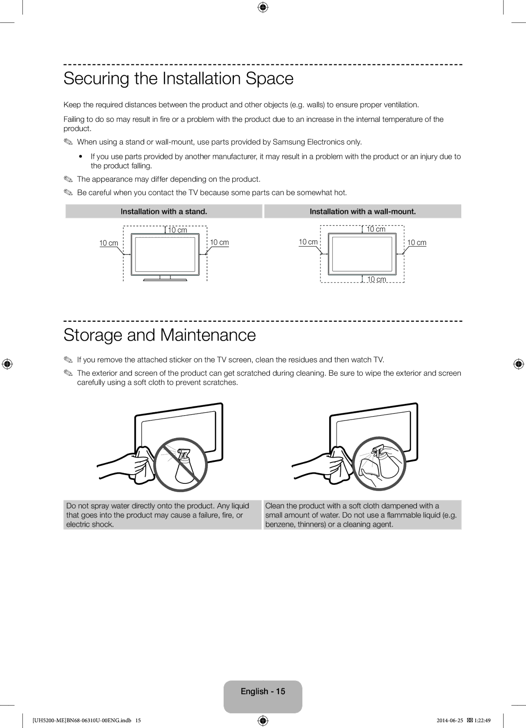 Samsung UA58H5200ARXZN Securing the Installation Space, Storage and Maintenance, Installation with a wall-mount 10 cm 