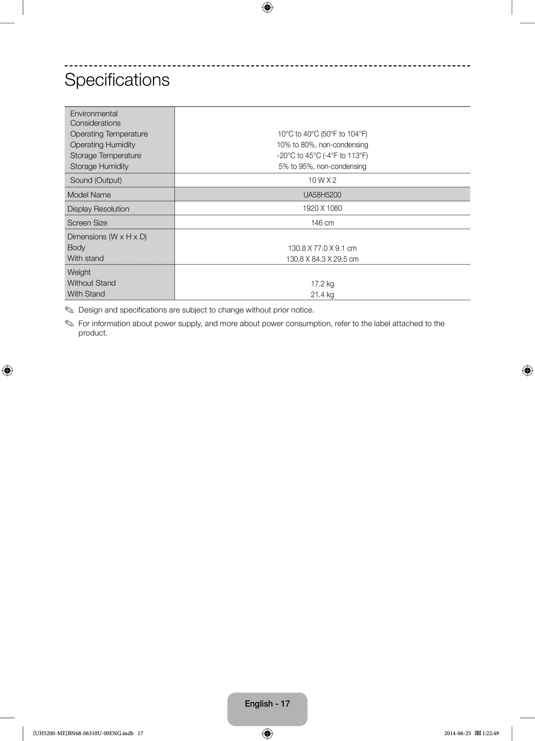 Samsung UA58H5200ARXZN, UA58H5200ARXUM manual Specifications 