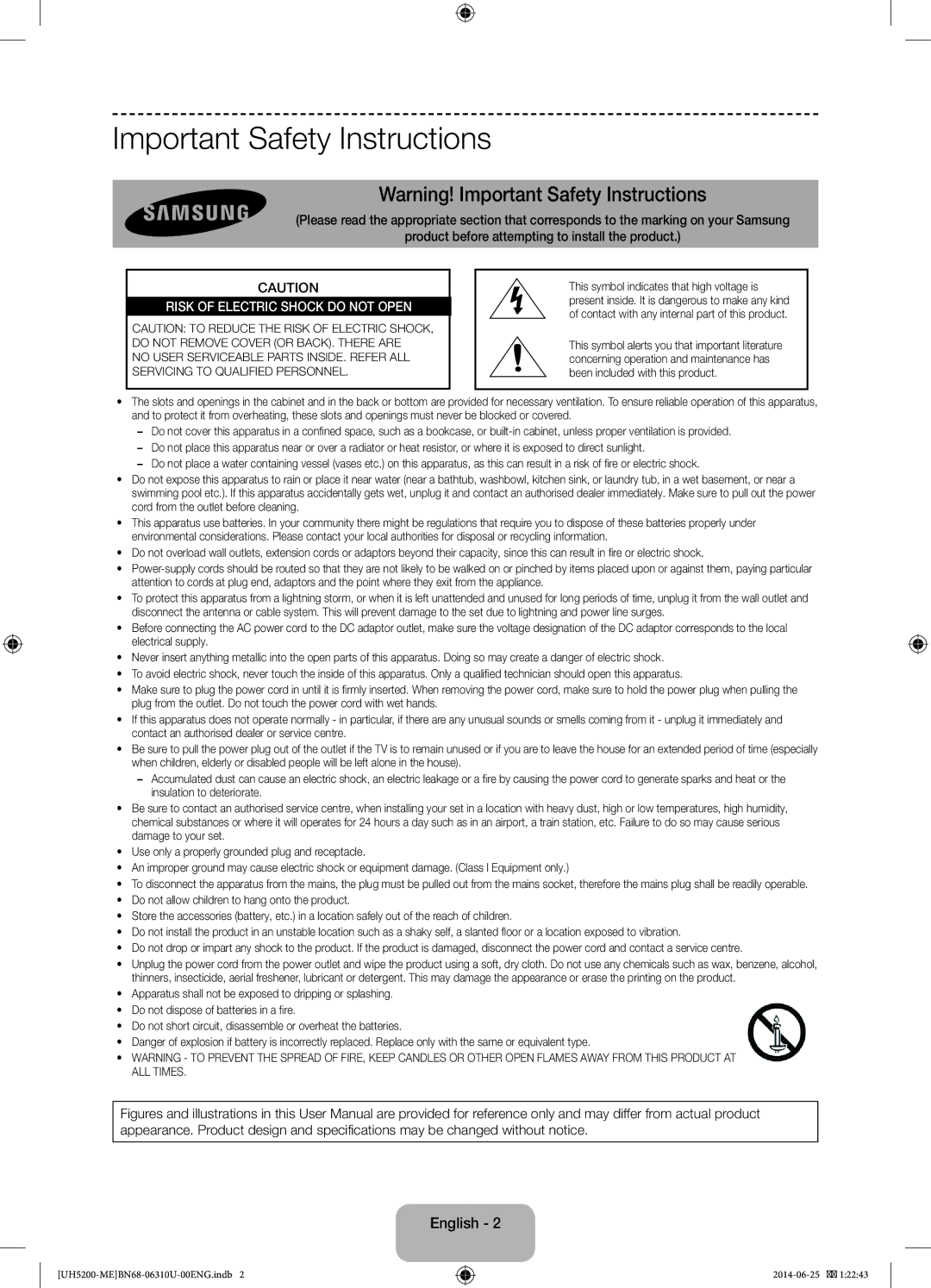 Samsung UA58H5200ARXUM, UA58H5200ARXZN manual Important Safety Instructions, Risk of Electric Shock do not Open 