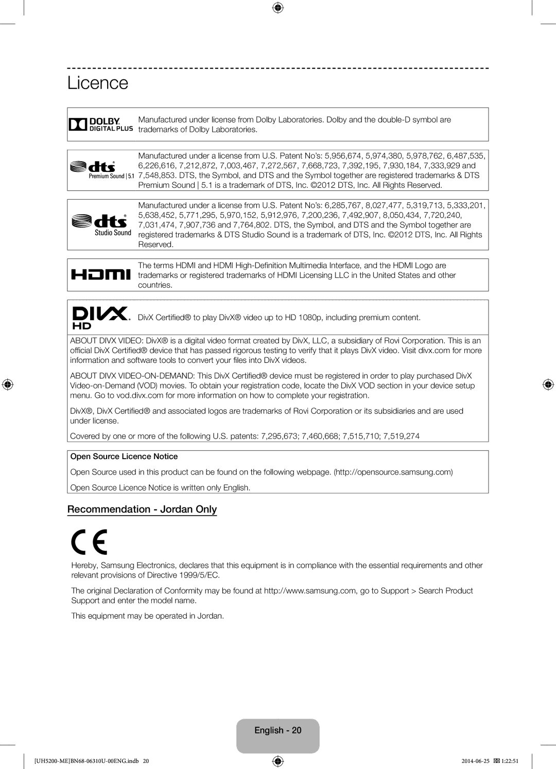 Samsung UA58H5200ARXUM, UA58H5200ARXZN manual Licence, Recommendation Jordan Only 