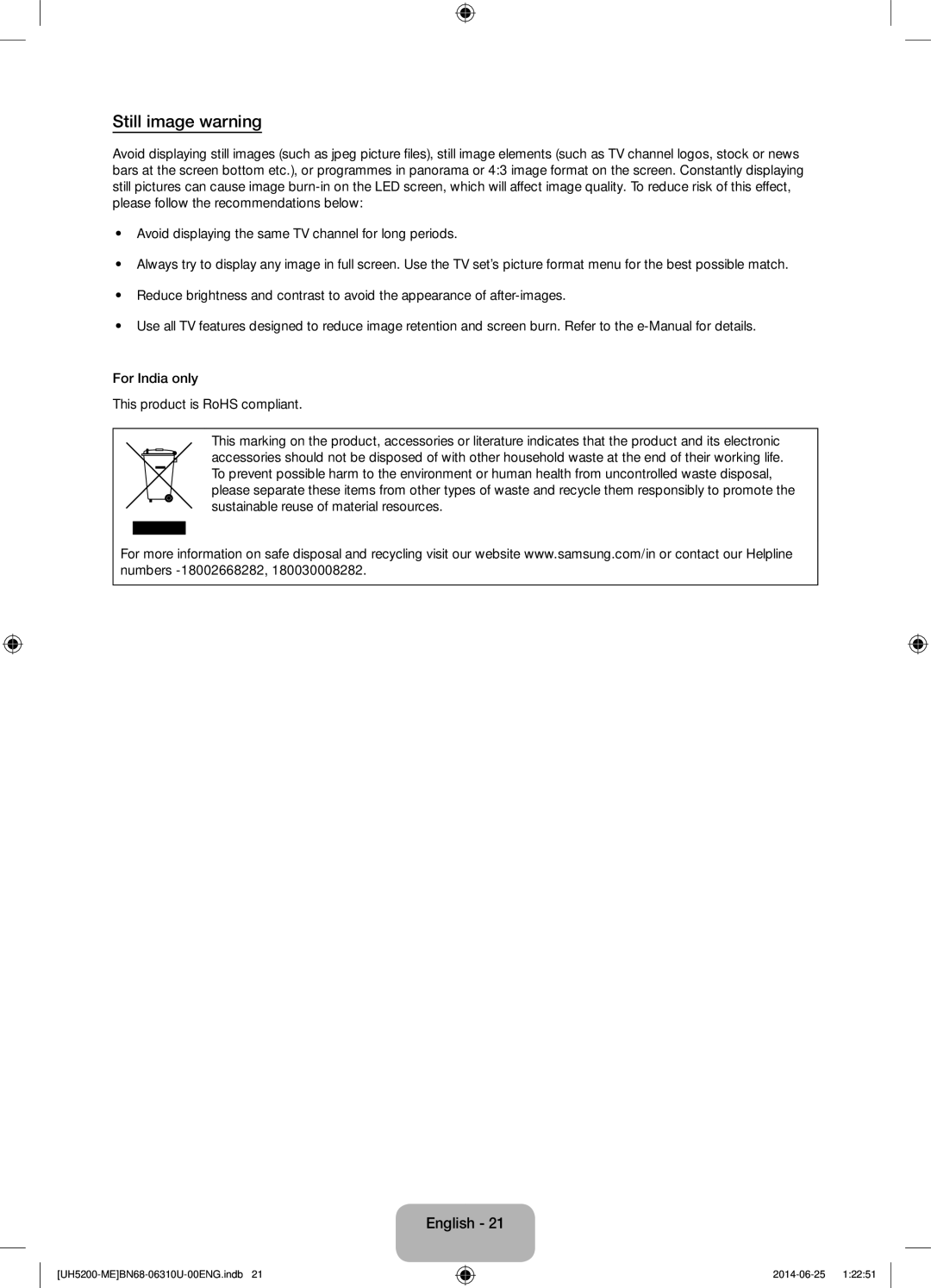 Samsung UA58H5200ARXZN, UA58H5200ARXUM manual Still image warning 