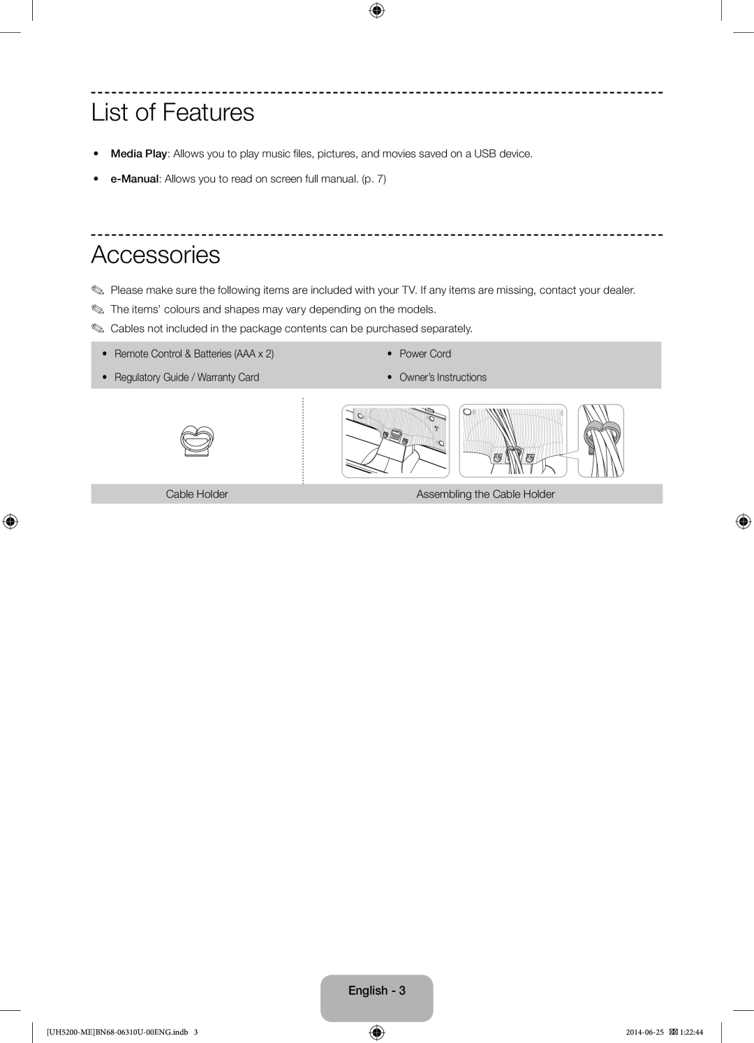 Samsung UA58H5200ARXZN, UA58H5200ARXUM manual List of Features, Accessories, Assembling the Cable Holder 