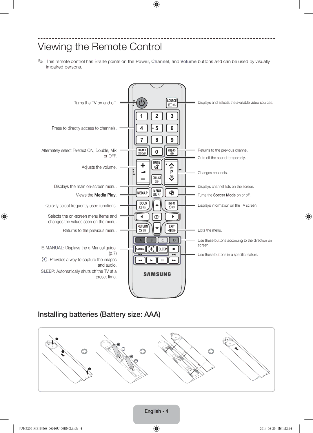 Samsung UA58H5200ARXUM, UA58H5200ARXZN manual Viewing the Remote Control, Adjusts the volume, Returns to the previous menu 