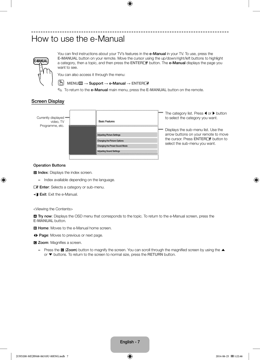 Samsung UA58H5200ARXZN How to use the e-Manual, Screen Display, Currently displayed Video, TVBasic Features Programme, etc 