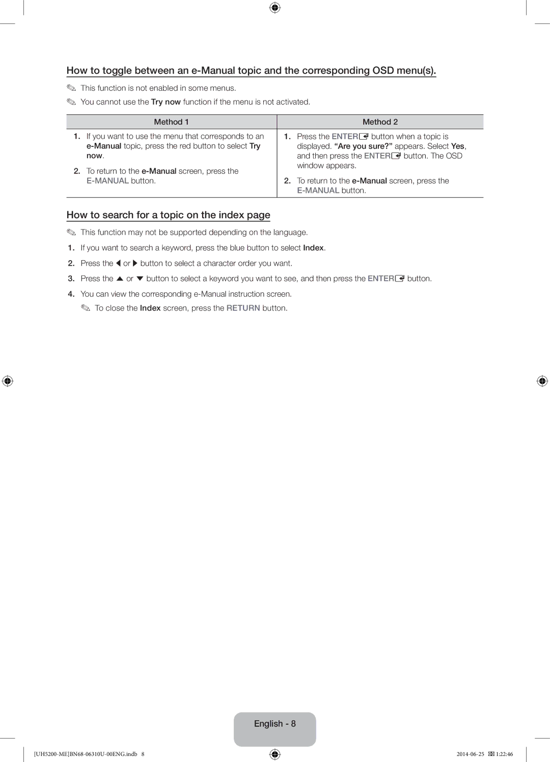 Samsung UA58H5200ARXUM, UA58H5200ARXZN How to search for a topic on the index, To return to the e-Manual screen, press 