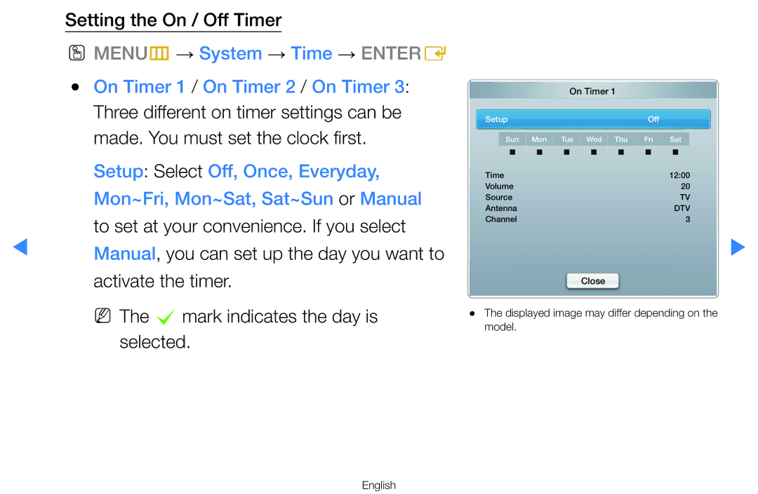 Samsung UA55D7000LNXSQ, UA60D8000YNXXV, UA46D7000LMXXS, UA46D7000LNXXV, UA55D8000YNXXV manual Setting the On / Off Timer 