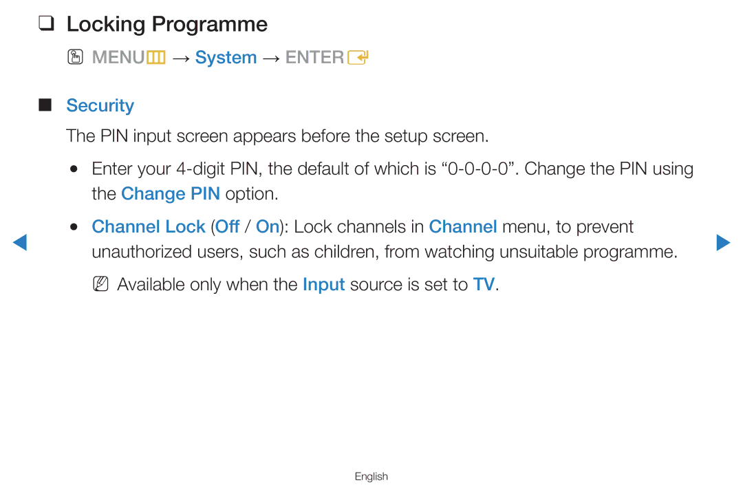 Samsung UA46D7000LNXSQ, UA60D8000YNXXV manual Locking Programme, Security, PIN input screen appears before the setup screen 