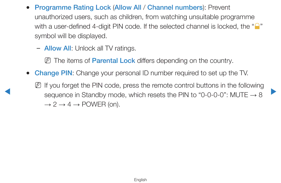 Samsung UA65H8000AWXSQ, UA60D8000YNXXV manual Programme Rating Lock Allow All / Channel numbers Prevent, → 2 → 4 → Power on 