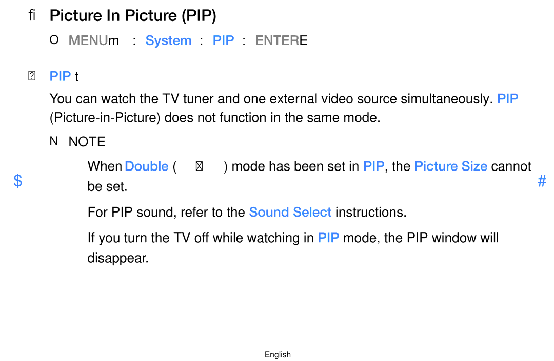 Samsung UA46D7000LMXSQ, UA60D8000YNXXV, UA46D7000LMXXS manual Picture In Picture PIP, OO MENUm → System → PIP → Entere PIP t 