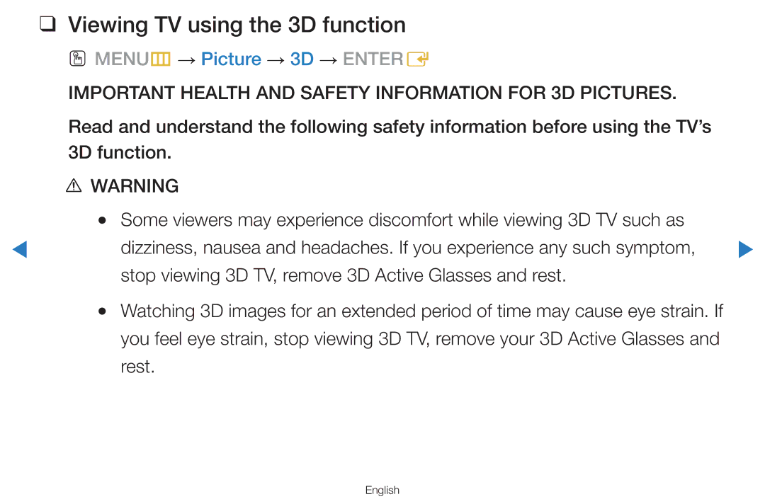 Samsung UA55D7000LNXXV, UA60D8000YNXXV, UA46D7000LMXXS, UA46D7000LNXXV, UA55D8000YNXXV Viewing TV using the 3D function, Rest 