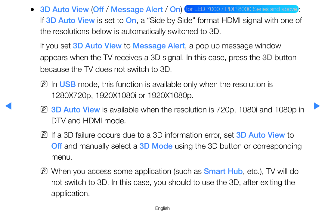 Samsung UA55D7000LNXSQ manual Resolutions below is automatically switched to 3D, Because the TV does not switch to 3D, Menu 