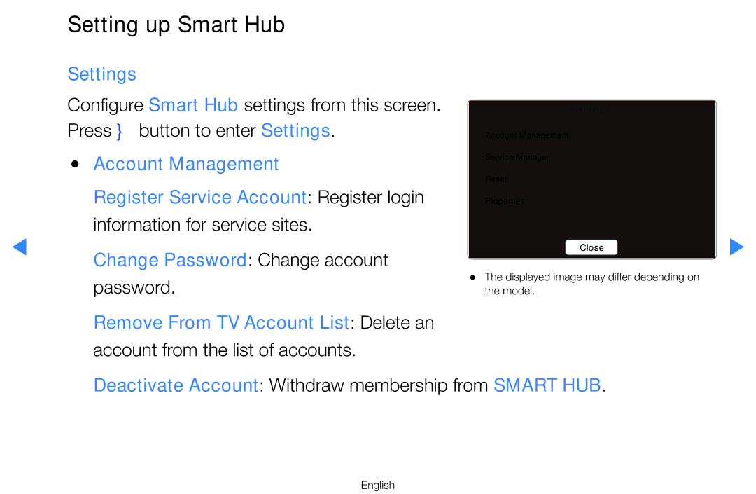 Samsung UA65H8000AWXSQ, UA60D8000YNXXV manual Setting up Smart Hub, Deactivate Account Withdraw membership from Smart HUB 