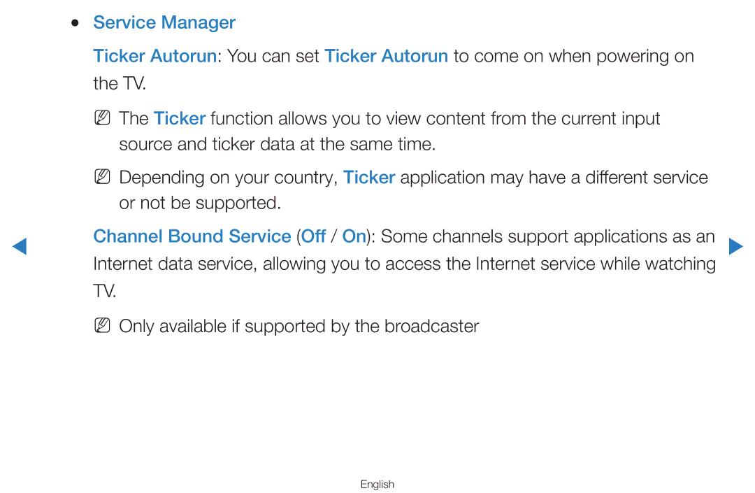 Samsung UA55D8000YMXSQ manual Service Manager, Or not be supported, NN Only available if supported by the broadcaster 