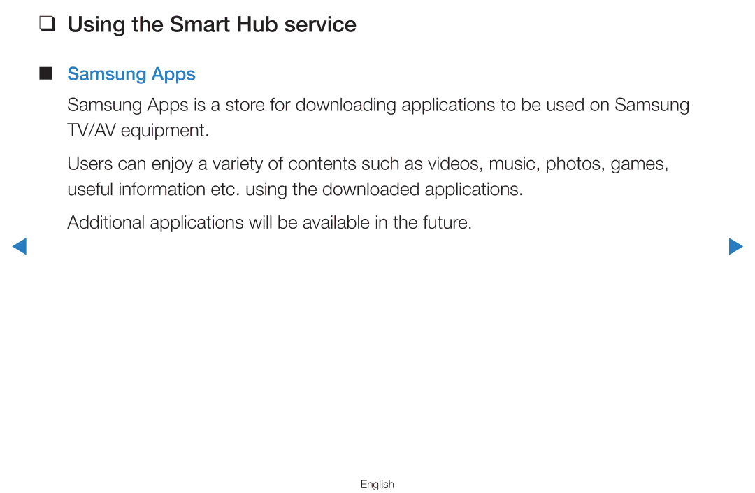 Samsung UA55D7000LMXSQ, UA60D8000YNXXV, UA46D7000LMXXS, UA46D7000LNXXV manual Using the Smart Hub service, Samsung Apps 