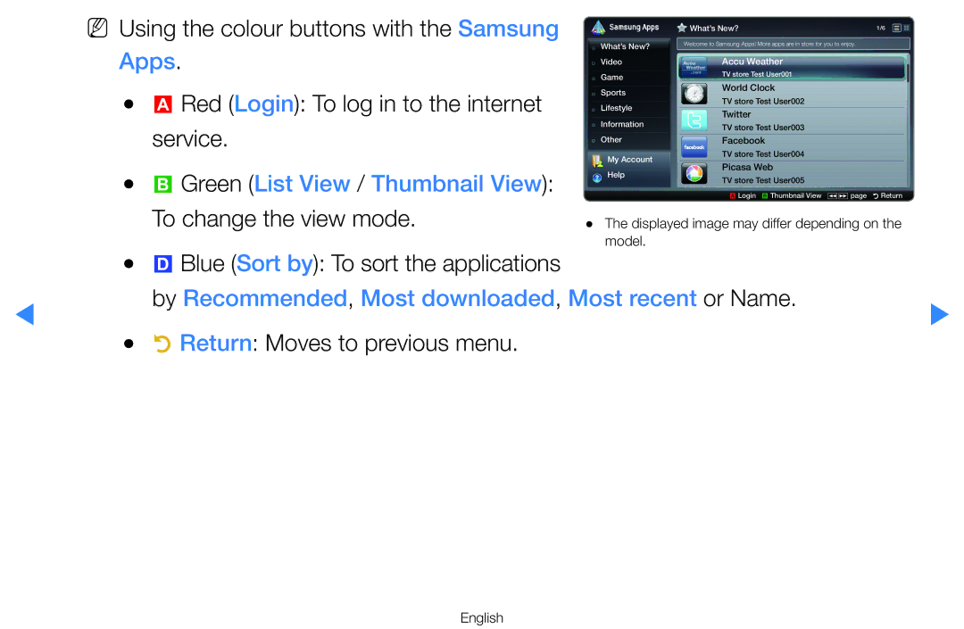 Samsung UA60D8000YNXXV Green List View / Thumbnail View, To change the view mode, Blue Sort by To sort the applications 