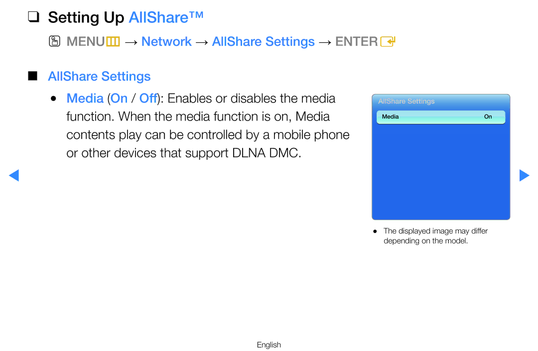 Samsung UA46D7000LNXSQ, UA60D8000YNXXV, UA46D7000LMXXS Setting Up AllShare, OO MENUm → Network → AllShare Settings → Entere 