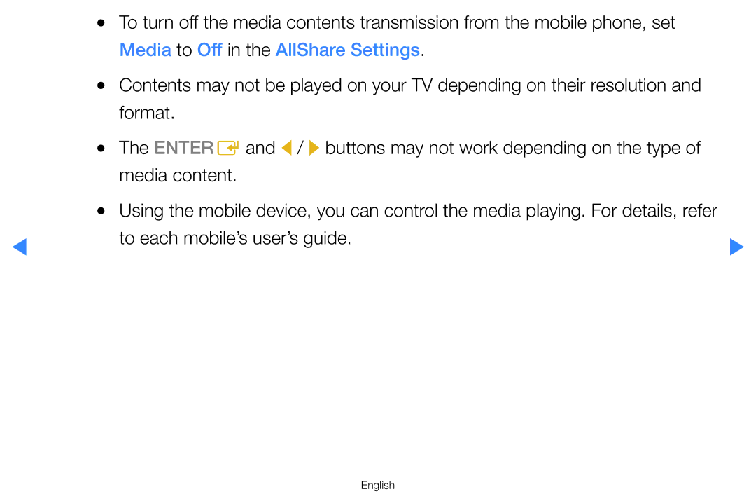 Samsung UA55D8000YNXSQ, UA60D8000YNXXV, UA46D7000LMXXS Media to Off in the AllShare Settings, To each mobile’s user’s guide 