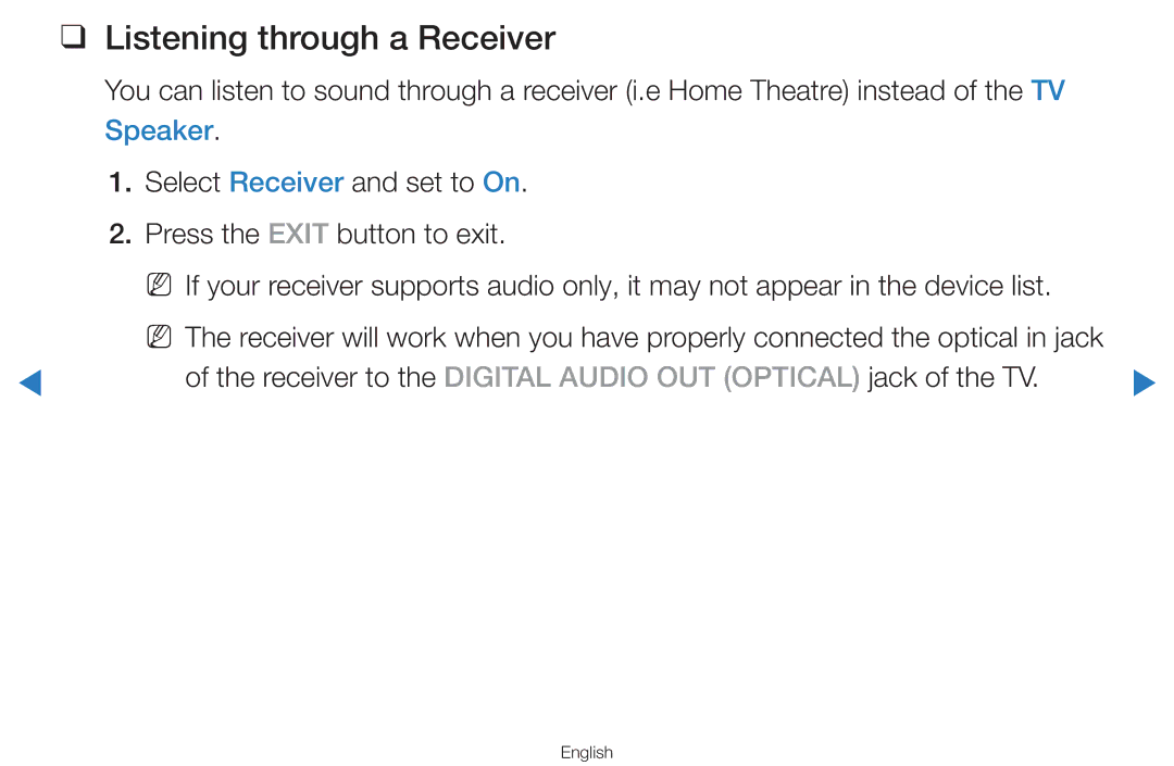 Samsung UA46H7000AKXXV manual Listening through a Receiver, Receiver to the Digital Audio OUT Optical jack of the TV 