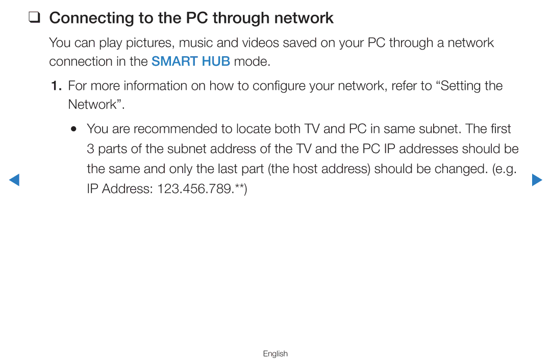 Samsung UA65H8000AWXSQ, UA60D8000YNXXV, UA46D7000LMXXS, UA46D7000LNXXV manual Connecting to the PC through network, IP Address 