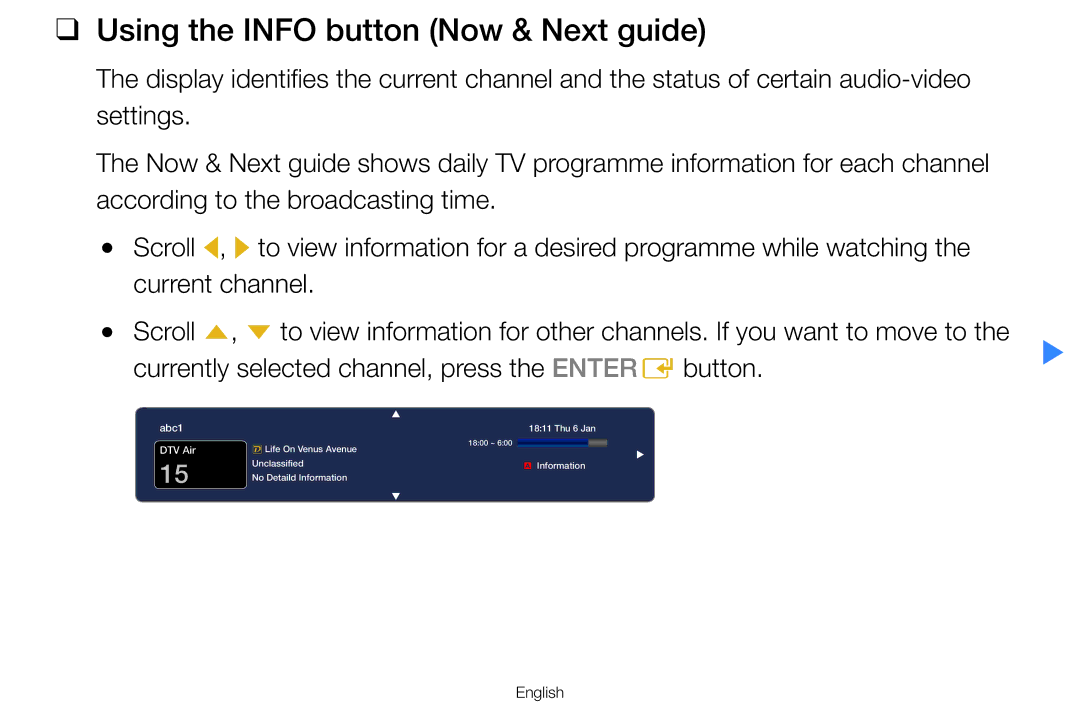 Samsung UA55D8000YNXXV manual Using the Info button Now & Next guide, Currently selected channel, press the Enter E button 