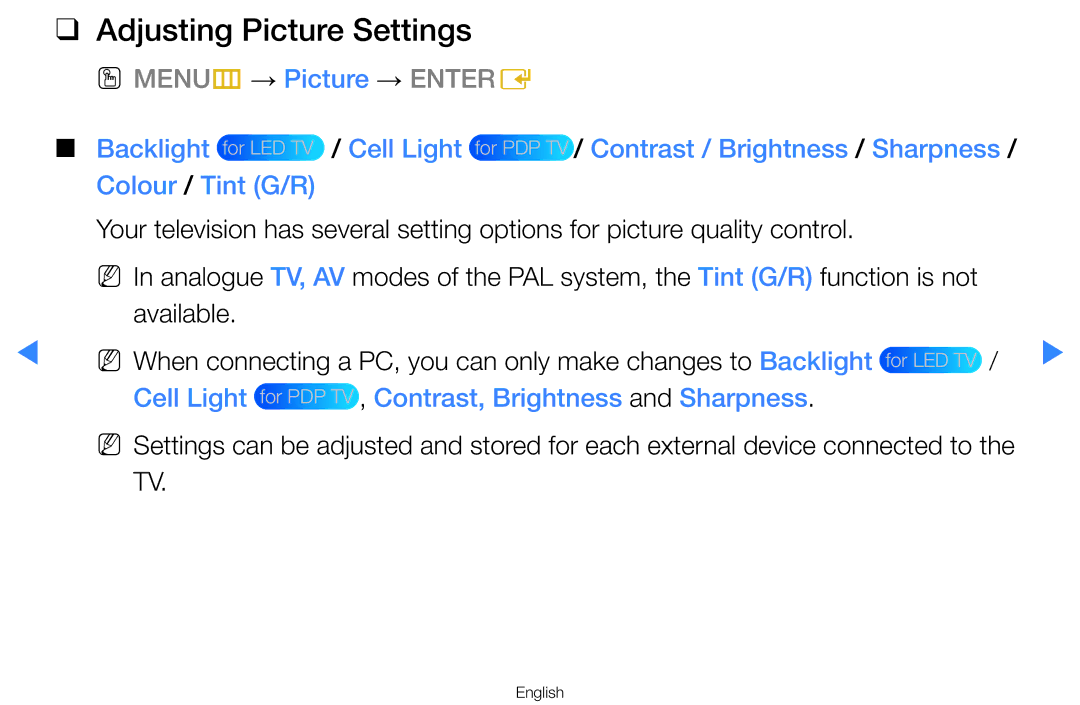 Samsung UA65HU8500WXSQ manual Adjusting Picture Settings, Cell Light for PDP TV , Contrast, Brightness and Sharpness 