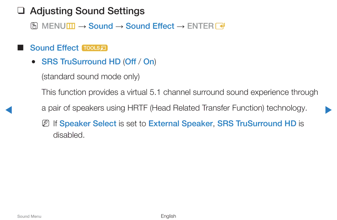 Samsung UA55D8000YMXSQ, UA60D8000YNXXV, UA46D7000LMXXS manual Adjusting Sound Settings, Standard sound mode only, Disabled 