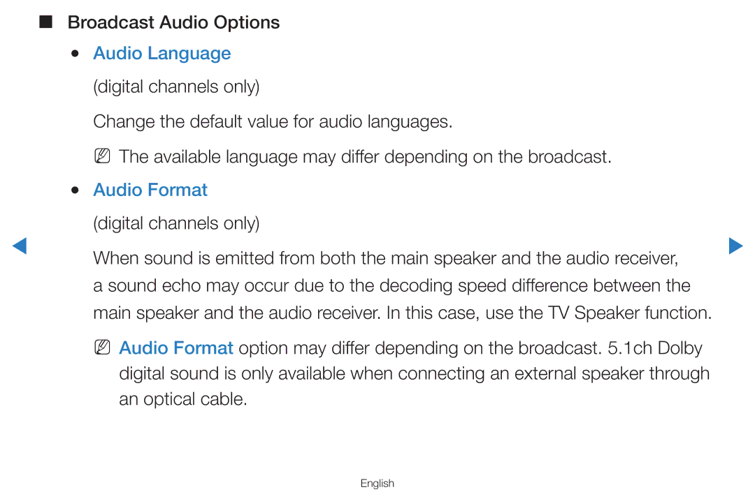 Samsung UA60D8000YNXXV, UA46D7000LMXXS manual Broadcast Audio Options, Audio Language, Audio Format, An optical cable 