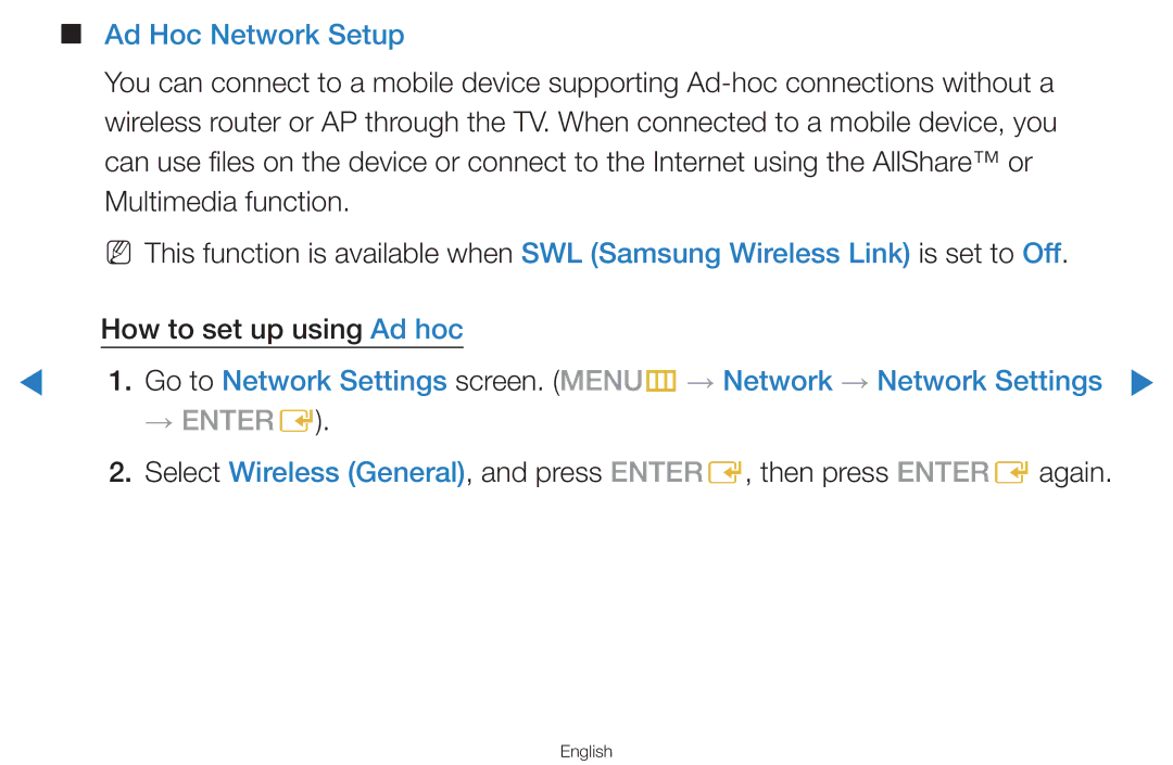 Samsung UA46D7000LMXSQ, UA60D8000YNXXV, UA46D7000LMXXS, UA46D7000LNXXV, UA55D8000YNXXV manual Ad Hoc Network Setup, → Entere 