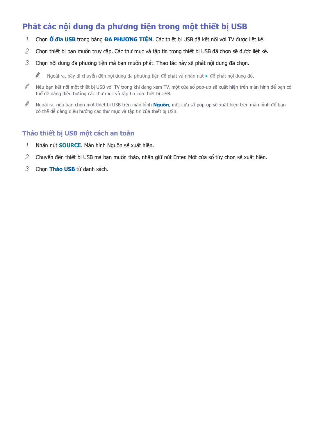 Samsung UA55H8000AKXXV manual Phát các nội dung đa phương tiện trong một thiết bị USB, Tháo thiết bị USB một cách an toàn 