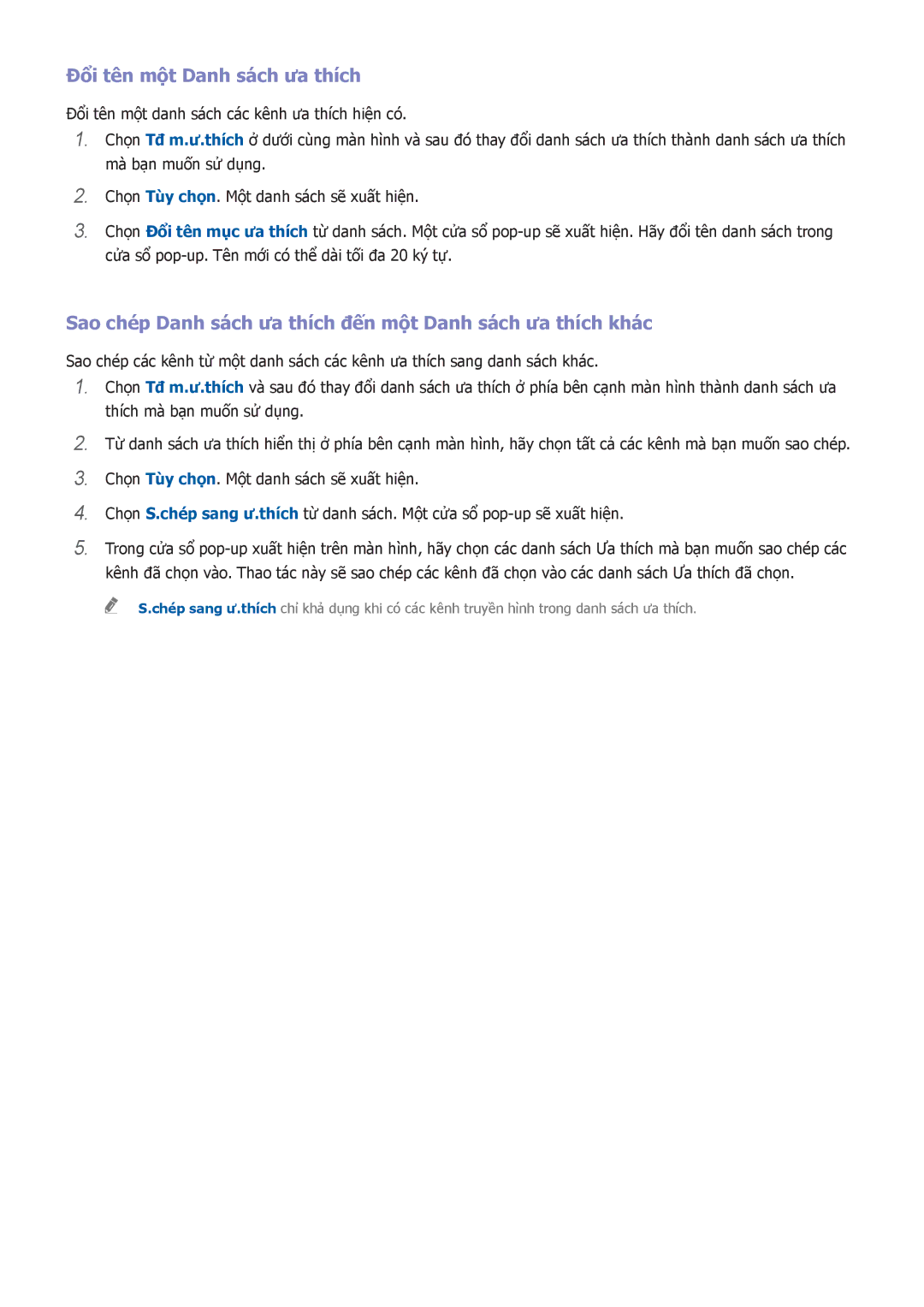 Samsung UA55H7000AKXXV manual Đổi tên một Danh sach ưa thich, Sao ché́p Danh sach ưa thich đến một Danh sach ưa thich khác 