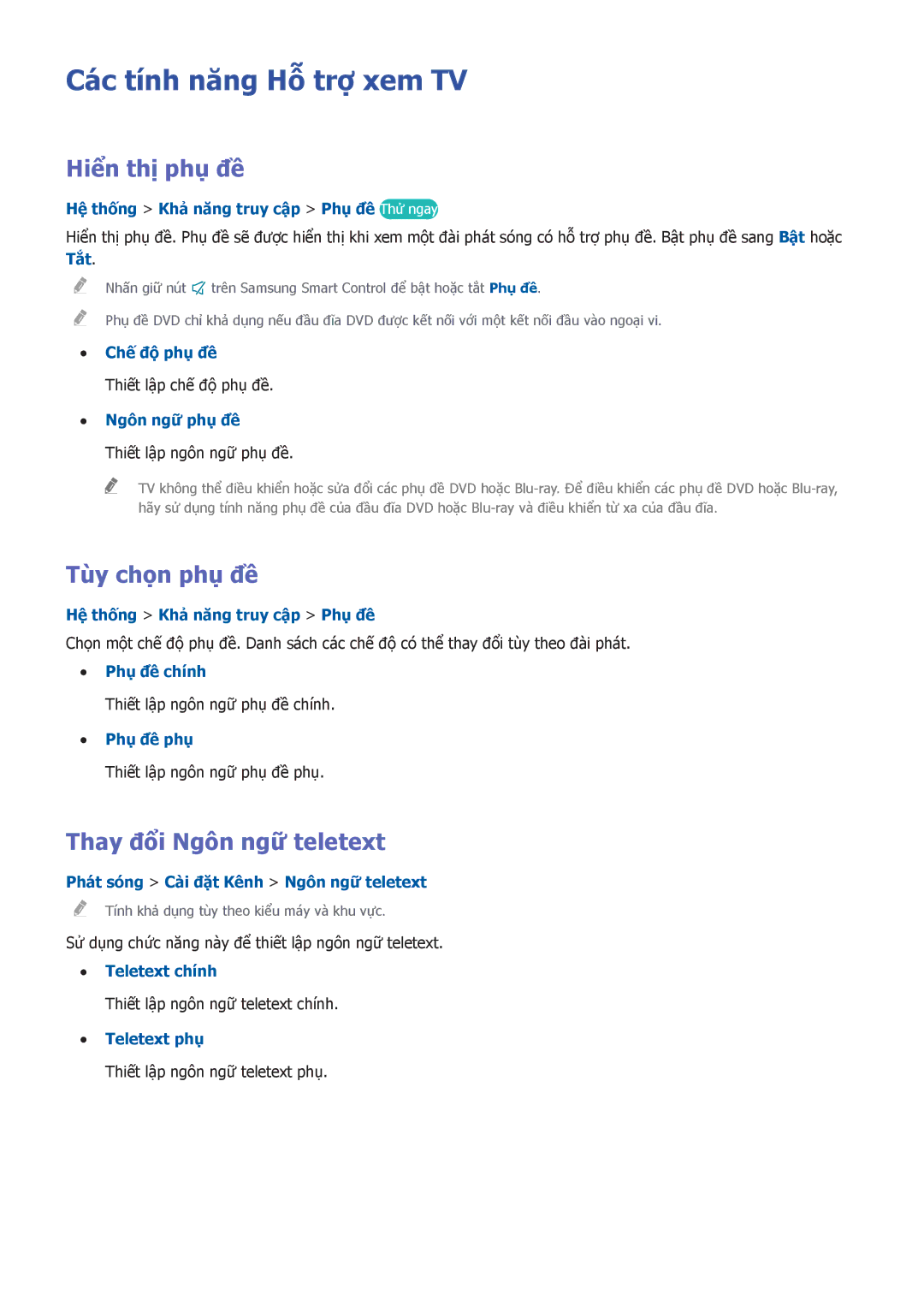 Samsung UA55D8000YNXXV manual Các tính năng Hỗ trợ xem TV, Hiển thị phụ đề, Tùy chọn phụ đề, Thay đổi Ngôn ngư teletext 