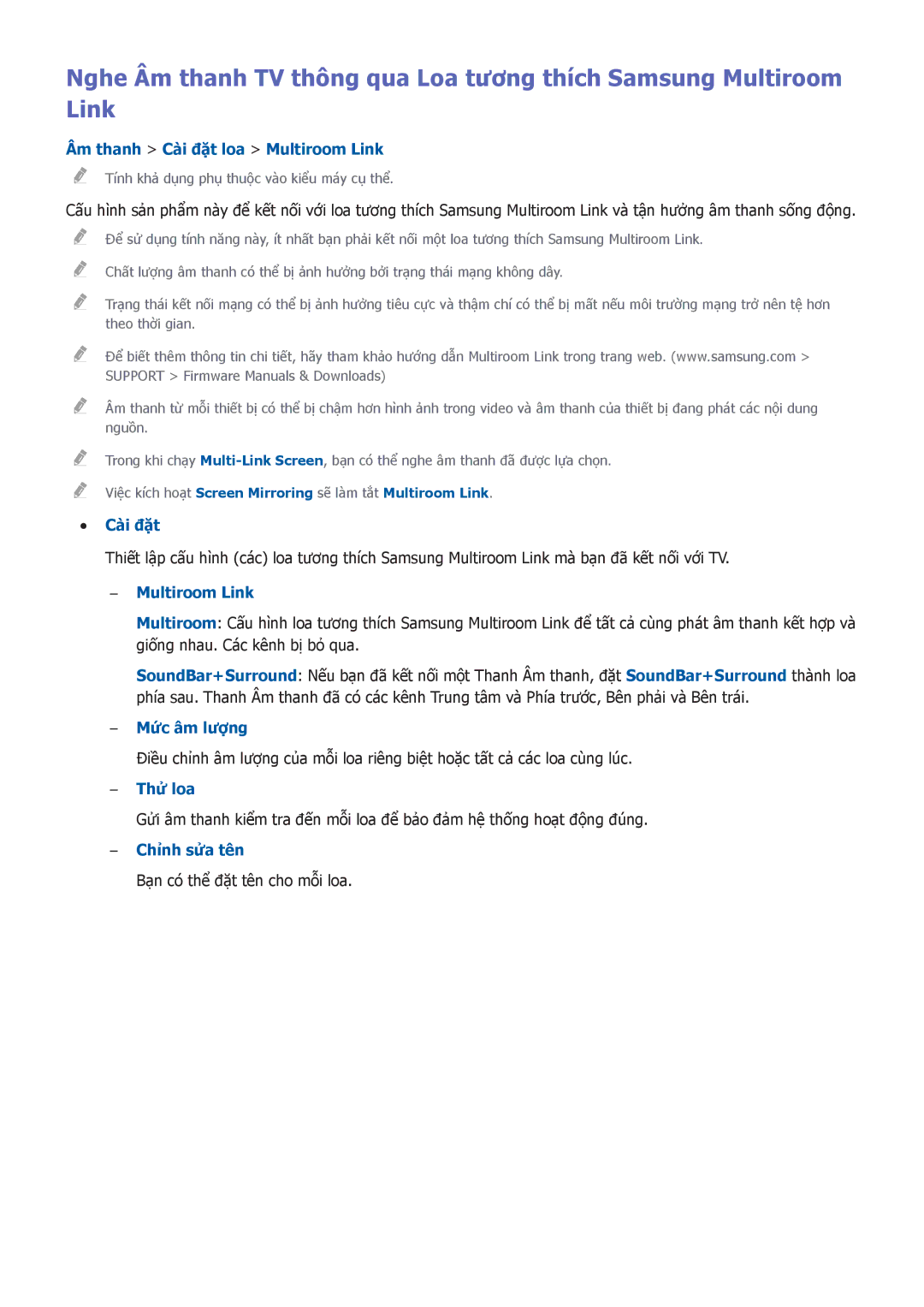Samsung UA55D8000YNXXV, UA60D8000YNXXV manual Âm thanh Cai đăt loa Multiroom Link, Mức âm lượng, Thử loa, Chỉnh sửa tên 