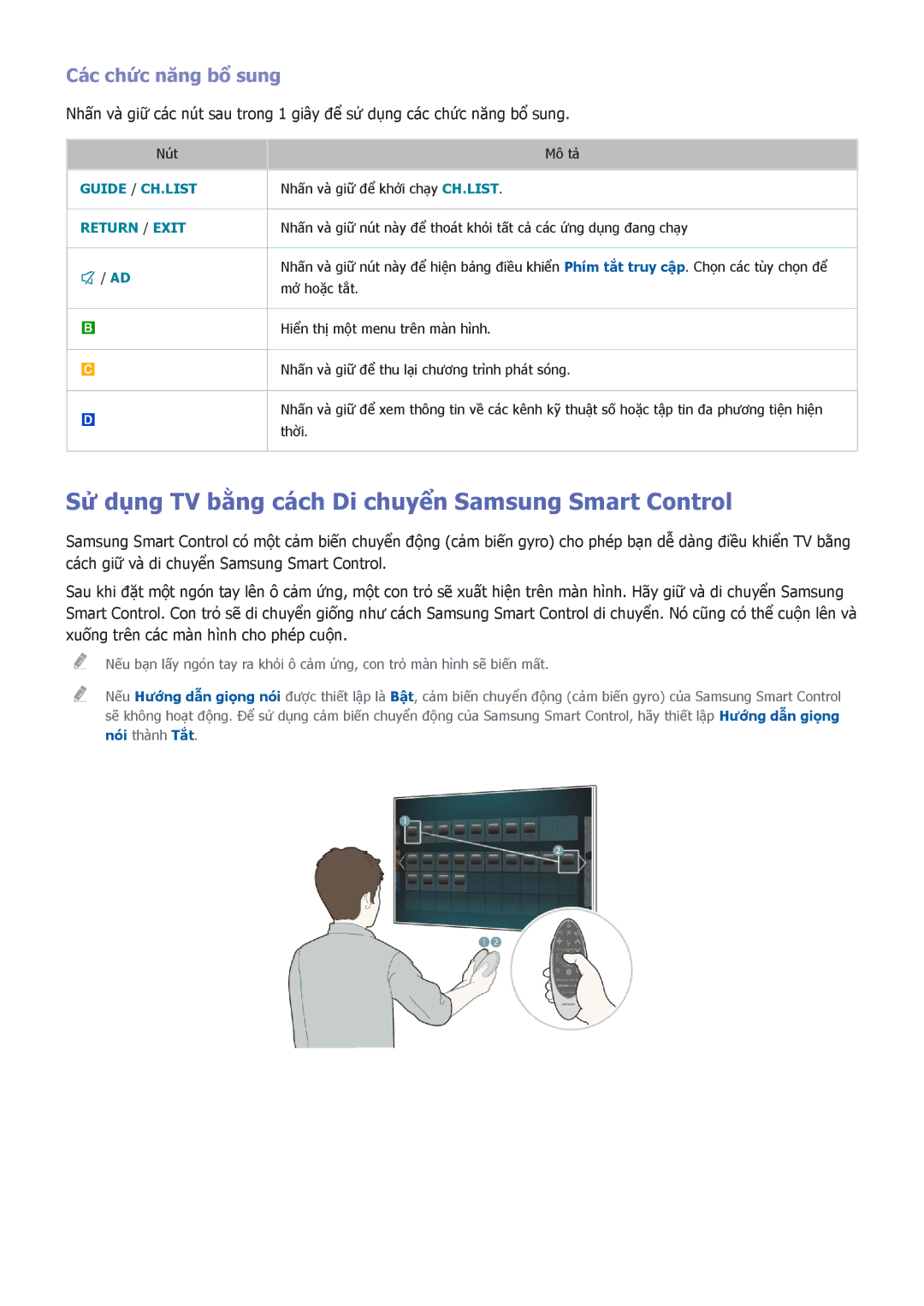 Samsung UA60D8000YNXXV, UA46D7000LMXXS manual Sử dụng TV bằng cách Di chuyển Samsung Smart Control, Các chức năng bổ sung 