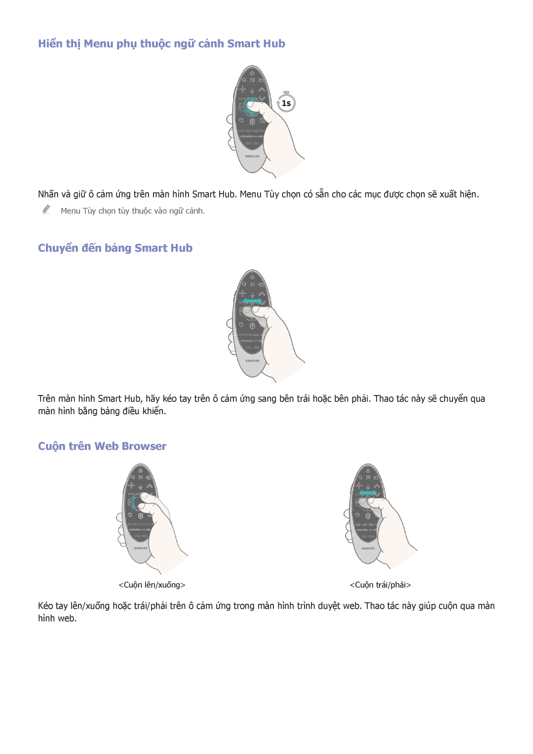 Samsung UA46D7000LNXXV manual Hiển thị Menu phụ thuộc ngữ cảnh Smart Hub, Chuyển đến bảng Smart Hub, Cuộn trên Web Browser 