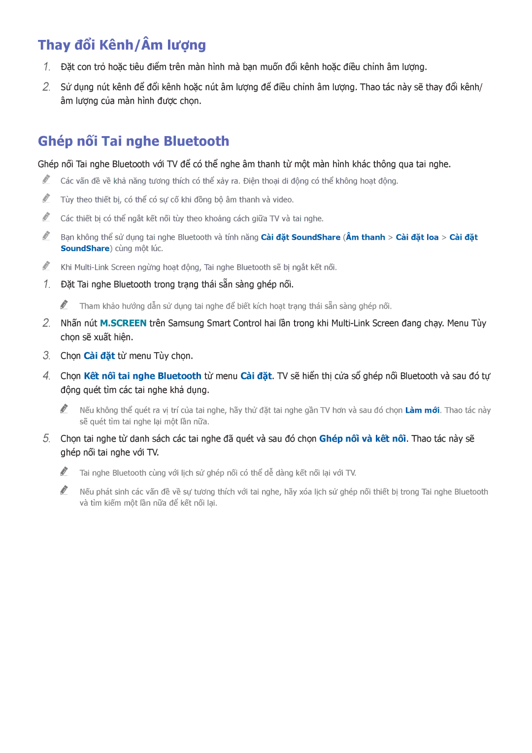 Samsung UA46D7000LNXXV, UA60D8000YNXXV, UA46D7000LMXXS, UA55D8000YNXXV Thay đổi Kênh/Âm lượng, Ghé́p nối Tai nghe Bluetooth 