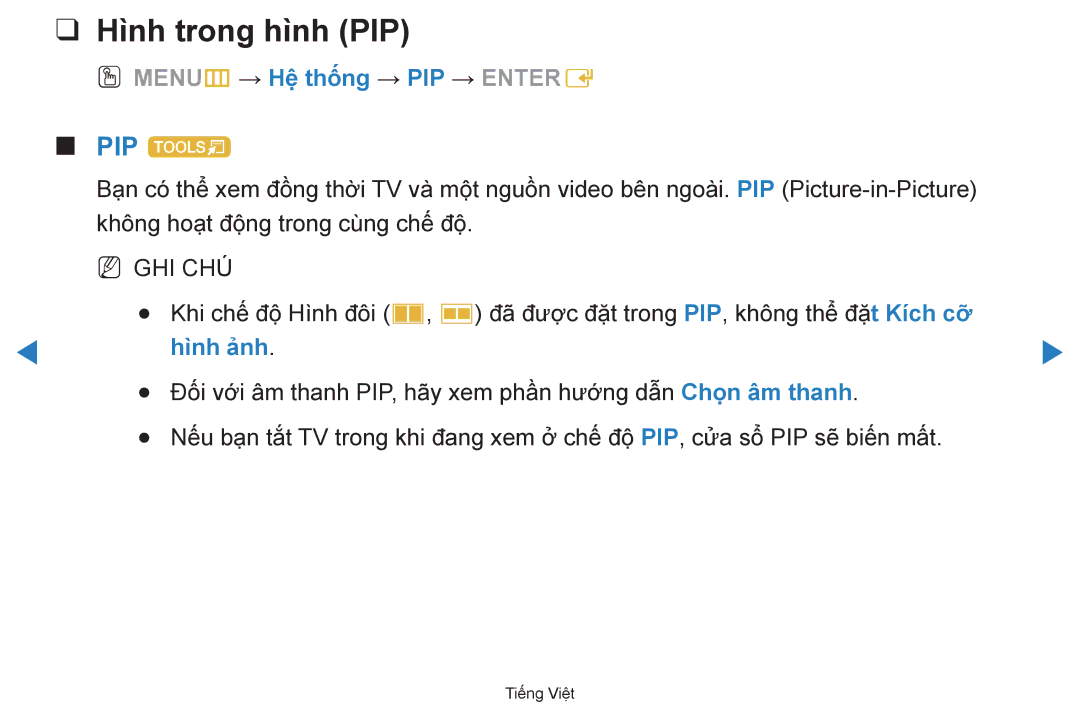 Samsung UA55D7000LRXXV, UA60D8000YNXXV, UA46D7000LRXXV, UA46D7000LNXXV PIP t, OO MENUm → Hê thông → PIP → Entere, Hình anh 