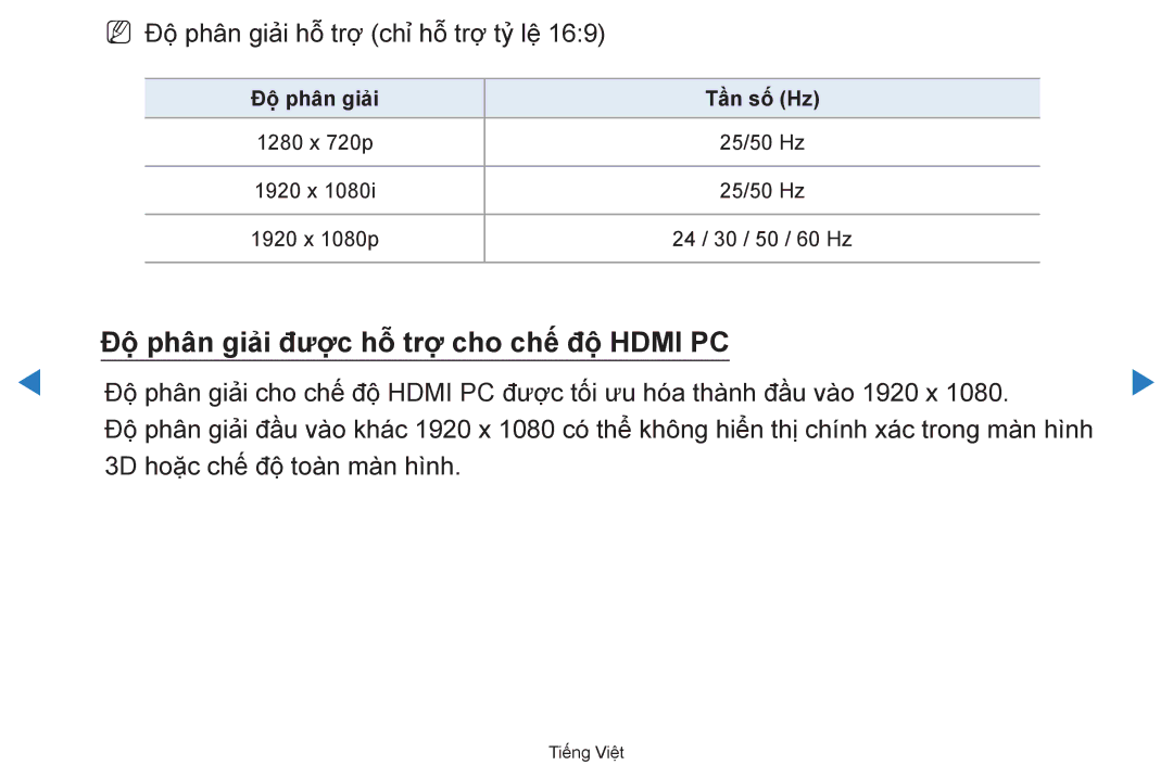 Samsung UA55D8000YRXXV, UA60D8000YNXXV, UA46D7000LRXXV, UA46D7000LNXXV manual Độ̣ phân giải đượ̣c hỗ trợ̣ cho chế́ độ̣ Hdmi PC 