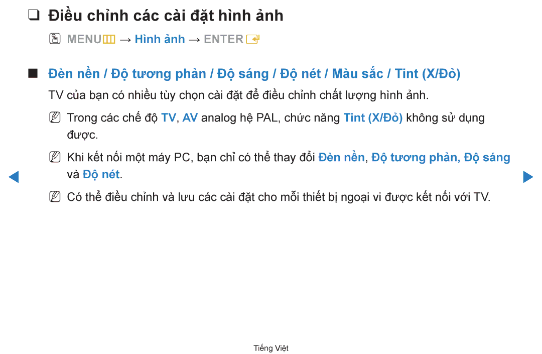 Samsung UA46D7000LRXXV, UA60D8000YNXXV manual Điều chỉnh các cà̀i đặ̣t hì̀nh ảnh, OO MENUm → Hì̀nh ảnh → Entere, Và Độ̣ nét 