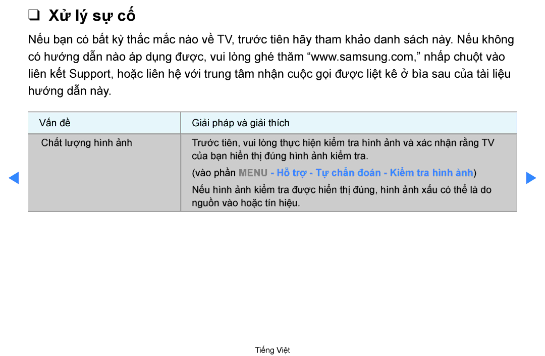 Samsung UA55D7000LNXXV, UA60D8000YNXXV manual Xử lý sự̣ cố, Vao phần Menu Hô trợ Tự chân đoan Kiêm tra hình anh 