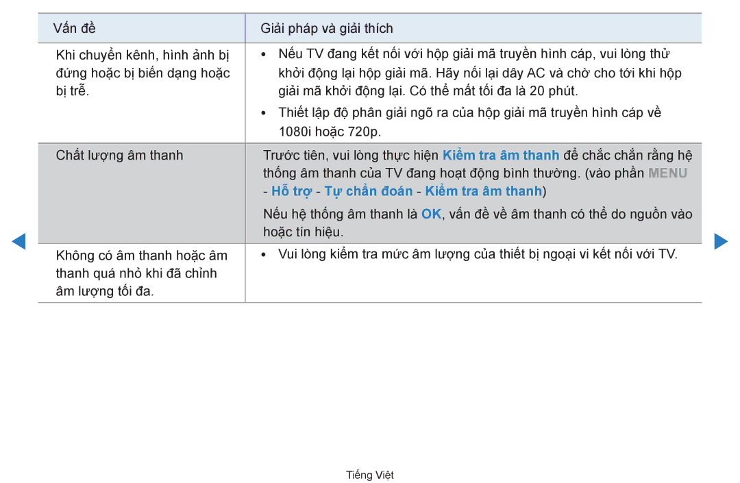 Samsung UA55D7000LRXXV, UA60D8000YNXXV, UA46D7000LRXXV, UA46D7000LNXXV manual Hô trợ Tự chân đoan Kiêm tra âm thanh 