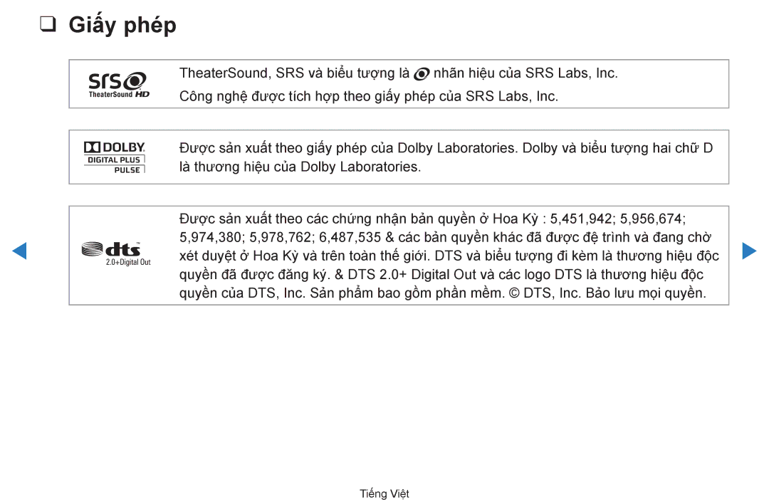 Samsung UA55D8000YRXXT, UA60D8000YNXXV, UA46D7000LRXXV, UA46D7000LNXXV, UA55D8000YNXXV, UA55D7000LNXXV manual Giấy phép 