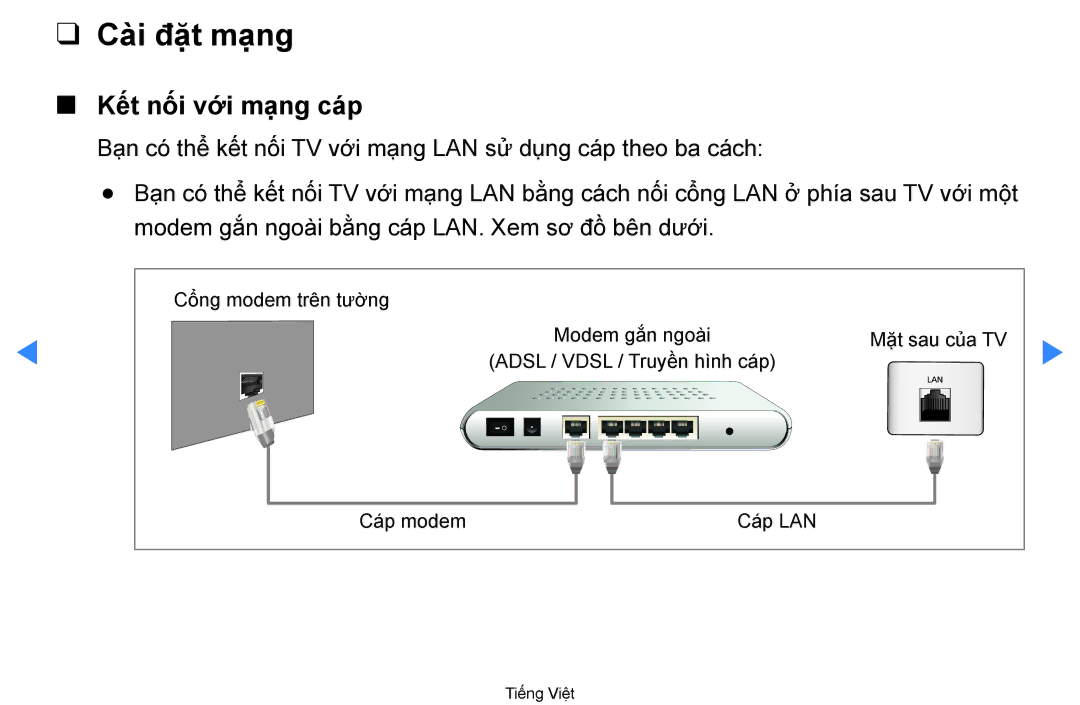 Samsung UA55D7000LNXXV, UA60D8000YNXXV, UA46D7000LRXXV, UA46D7000LNXXV manual Cà̀i đặ̣t mạ̣ng, Kế́t nối vớ́i mạ̣ng cáp 