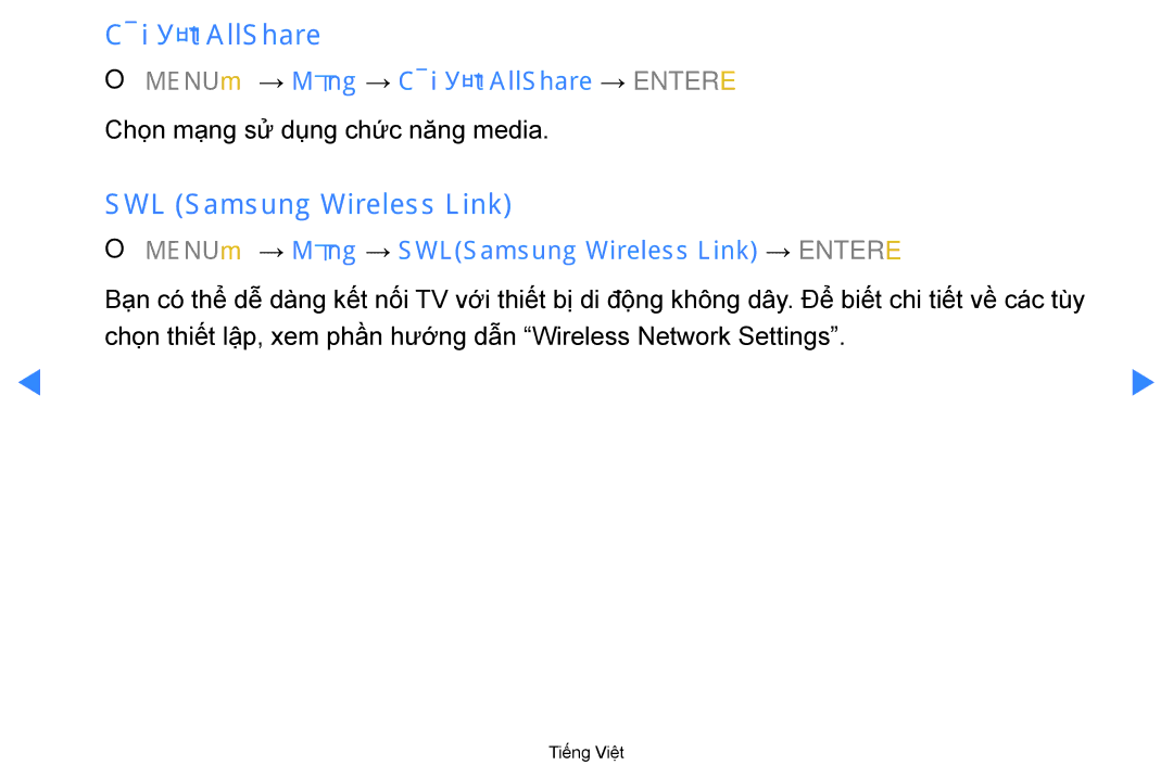 Samsung UA55D7000LRMXL, UA60D8000YNXXV manual SWL Samsung Wireless Link, OO MENUm → Mạng → Cà̀i đặ̣t AllShare → Entere 